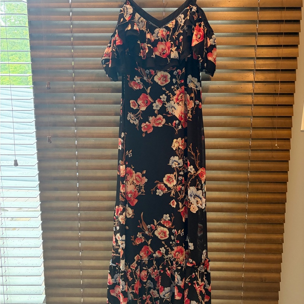 White House Black Market Black Floral Ruffle Maxi Dress